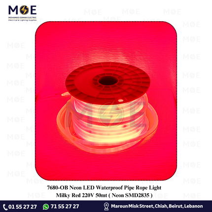 OB Neon LED Waterproof Pipe Rope Light Milky Red 220V 50mt | Neon SMD2835 | نبريش ليد مبروم حليبي ضو احمر