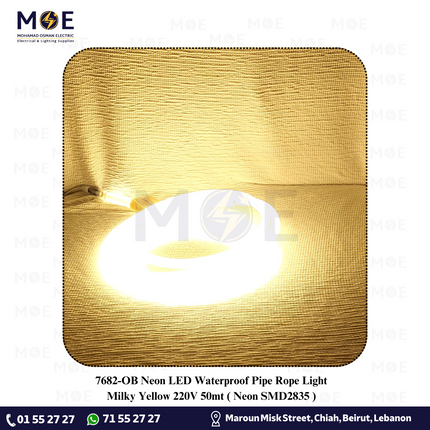 OB Neon LED Waterproof Pipe Rope Light Milky Yellow 220V 50mt | Neon SMD2835 | نبريش ليد مبروم حليبي ضو اصفر
