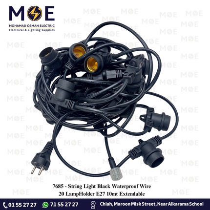 String Light Black Waterproof Wire 20 LampHolder E27 10mt Extendable | حبل زينة/كابل مع دوي مطري مع تطويلة