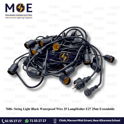 String Light Black Waterproof Wire 25 LampHolder E27 25mt Extendable | حبل زينة/كابل مع دوي مطري مع تطويلة