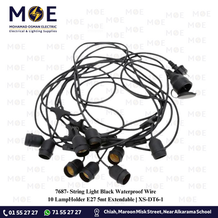 String Light Black Waterproof Wire 10 LampHolder E27 5mt Extendable | XS-DT6-1 | حبل زينة/كابل مع دوي مطري مع تطويلة