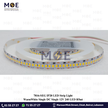 SEG IP20 LED Strip Light Single WarmWhite DC 12V 240Led R5mt | بكرة ستريب ليد ورم ايت