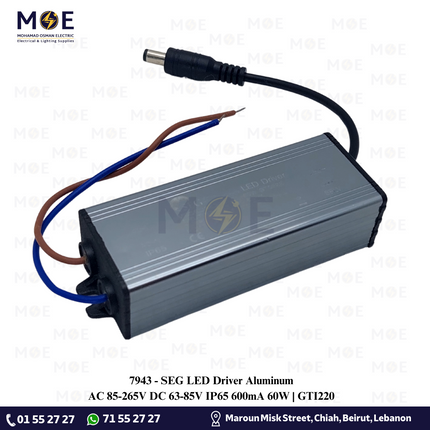 SEG LED Driver Aluminum AC 85-265V DC 63-85V IP65 600mA 60W | GTI220 | ترانس ليد مطري المنيوم