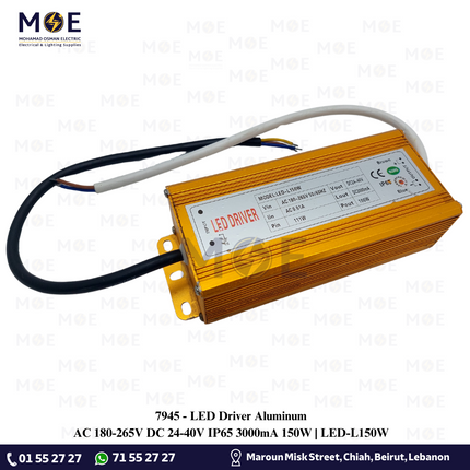 LED Driver Aluminum AC 180-265V DC 24-40V IP65 3000mA 150W | LED-L150W | ترانس ليد مطري المنيوم