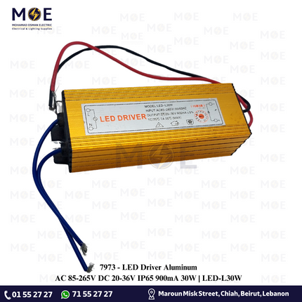 LED Driver Aluminum AC 85-265V DC 20-36V IP65 900mA 30W | LED-L30W | ترانس ليد مطري المنيوم
