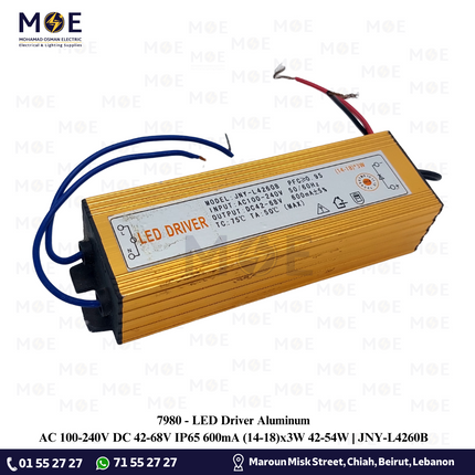 LED Driver Aluminum AC 100-240V DC 42-68V IP65 600mA (14-18)x3W 42-54W | JNY-L4260B | ترانس ليد مطري المنيوم