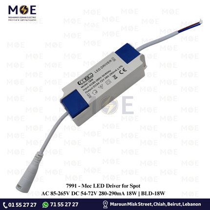 Mec LED Driver for Spot AC 85-265V DC 54-72V 280-290mA 18W | BLD-18W | ترانس ليد سبوت