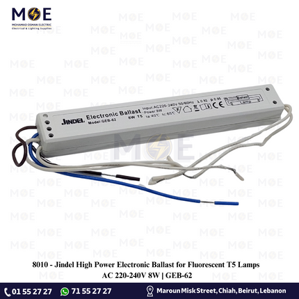 Jindel High Power Electronic Ballast for Fluorescent T5 Lamps AC 220-240V 8W | GEB-62 | ترانس الكترون