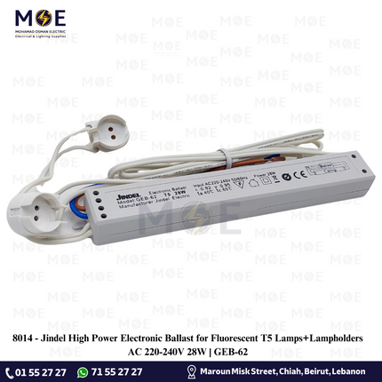 Jindel High Power Electronic Ballast for Fluorescent T5 Lamps+Lampholders AC 220-240V 28W | GEB-62 | ترانس الكترون مع دوي