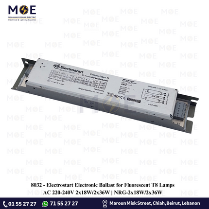 Electrostart Electronic Ballast for Fluorescent T8 Lamps AC 220-240V 2x18W/2x36W | NRG-2x18W/2x36W | ترانس الكترون