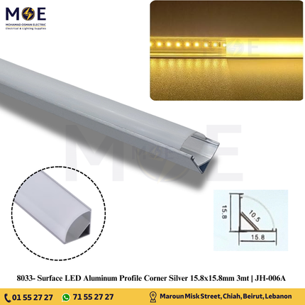 Surface LED Aluminum Profile Corner Silver 15.8x15.8mm 3mt | JH-006A | بروفايل ليد المنيوم ظاهر زاوية