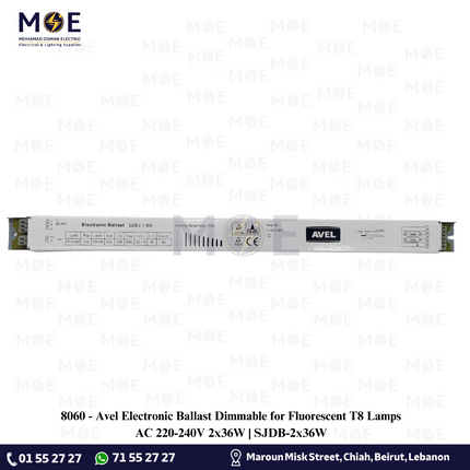 Avel Electronic Ballast Dimmable for Fluorescent T8 Lamps AC 220-240V 2x36W | SJDB-2x36W | ترانس الكترون