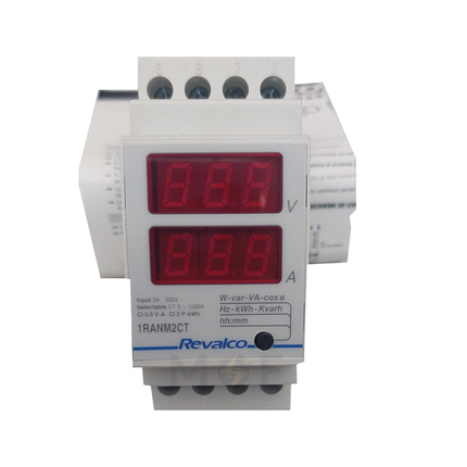 Revalco Multi-Function Single Phase Digital Voltmeter - Ammeter Din AC 300V 5A 2module | 1RANM2CT | ساعة امبير/فولت على سكة واحد فاز