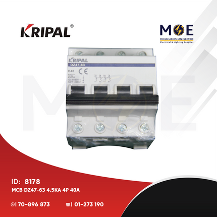 Kripal MCB DZ47-63 4.5kA 4P 40A | ZJ-DZ4P40 | دجنتور كهرباء ثلاثة فاز مع نتر - قاطع كهربائي رباعي
