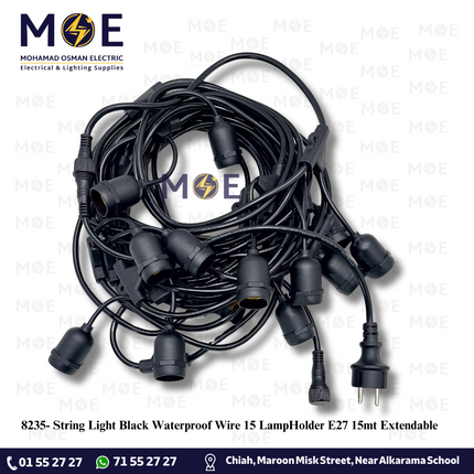 YGT String Light Black Waterproof Wire 15 LampHolder E27 15mt Extendable | حبل زينة كابل مع دوي مطري مع تطويلة