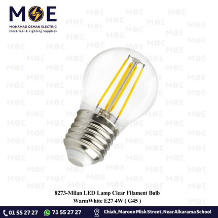 Milan LED Lamp Clear Filament Bulb WarmWhite E27 4W | G45 | لمبة ليد برم فيلامنت بول شفاف ورم وايت