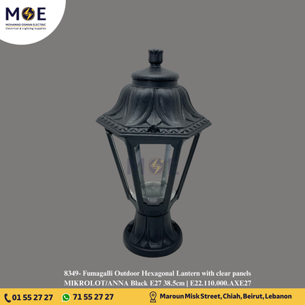 Fumagalli Outdoor Hexagonal Lantern with clear panels MIKROLOT/ANNA Black E27 38.5cm | E22.110.000.AXE27 | فانوس تصوينة مسدس شفاف اسود