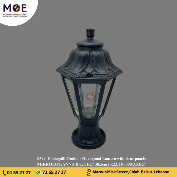 Fumagalli Outdoor Hexagonal Lantern with clear panels MIKROLOT/ANNA Black E27 38.5cm | E22.110.000.AXE27 | فانوس تصوينة مسدس شفاف اسود