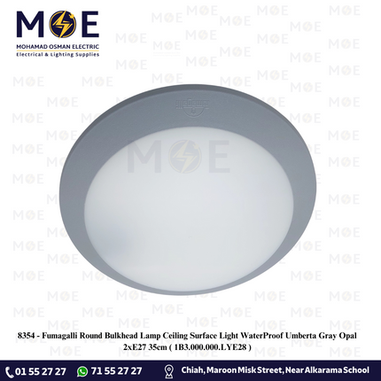 Fumagalli Round Bulkhead Lamp Ceiling Surface Light WaterProof Umberta Gray Opal 2xE27 35cm | 1B3.000.000.LYE28 | غلوب سقف/ بلافونيه مدور رمادي مغشى لمبتين