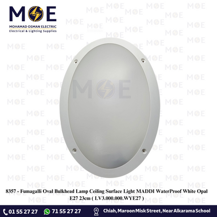 Fumagalli Outdoor Wall Light Oval Bulkhead Lamp Surface Light MADDI Water[roof White Opal E27 23cm | LV3.000.000.WYE27 | ابليك حائط فارغ بيضاوي ابيض مغشى