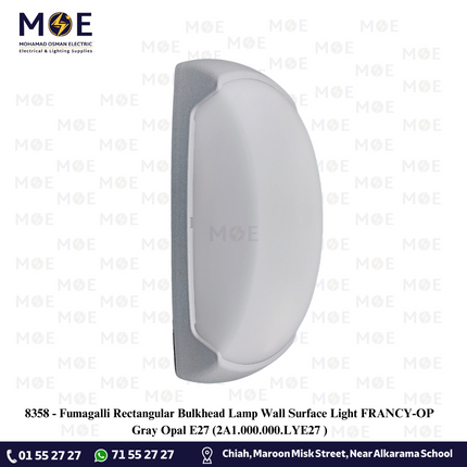 Fumagalli Rectangular Bulkhead Lamp Wall Surface Light FRANCY-OP Gray Opal E27 | 2A1.000.000.LYE27 | غلوب ابليك حائط مستطيل رمادي مغشى