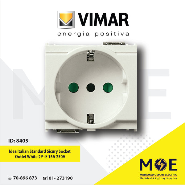 Vimar Idea Italian Standard Sicury Socket Outlet White 2P+E 16A 250V | 16209.B | بريز شوكو ابيض