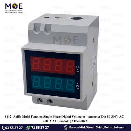 Aelifv Multi-Function Single Phase Digital Voltmeter - Ammeter Din 80-300V AC 0-100A AC 3module | XD52-2042 | ساعة امبير و فولت على سكة