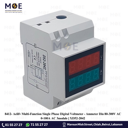 Aelifv Multi-Function Single Phase Digital Voltmeter - Ammeter Din 80-300V AC 0-100A AC 3module | XD52-2042 | ساعة امبير و فولت على سكة