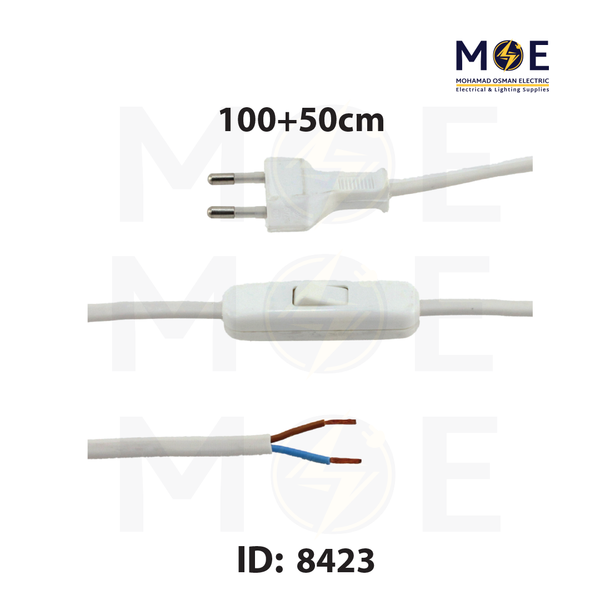 Arditi Single Pole Lamp Cord with Switch & Plug White 2A 250V 100+50cm | 20081 | شريط لمبدير مع فيش و مفتاح خط واحد ابيض