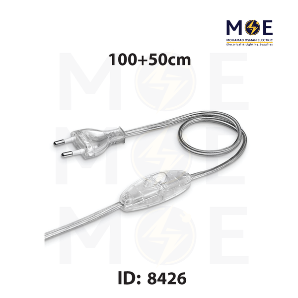 Arditi Single Pole Lamp Cord with Switch & Plug Transparent 2A 250V 100+50cm | 20089 | شريط لمبدير مع فيش و مفتاح خط واحد شفاف
