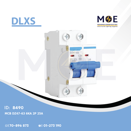 DLXS MCB DZ47-63 6kA 2P 25A | DZ47-63 | دجنتور كهرباء مجوز - قاطع كهربائي