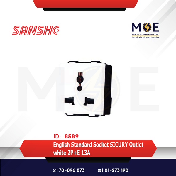 Sanshe English Standard Socket SICURY Outlet white 2P+E 13A | KH1220-001310 | بريز انكليزي امان ابيض