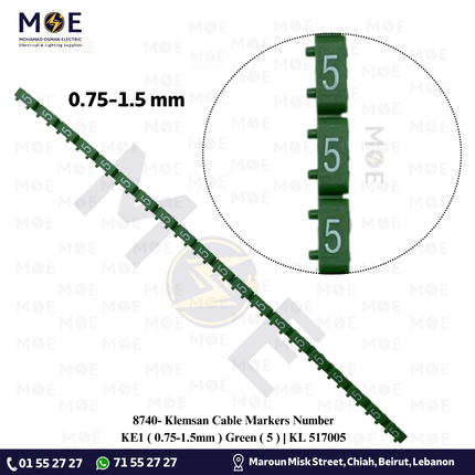 Klemsan Cable Markers Number KE1 ( 0.75-1.5mm ) Green ( 5 ) | KL 517005 | حلقة ترقيم كابلات اخضر رقم
