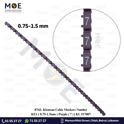 Klemsan Cable Markers Number KE1 ( 0.75-1.5mm ) Purple ( 7 ) | KL 517007 | حلقة ترقيم كابلات موف رقم