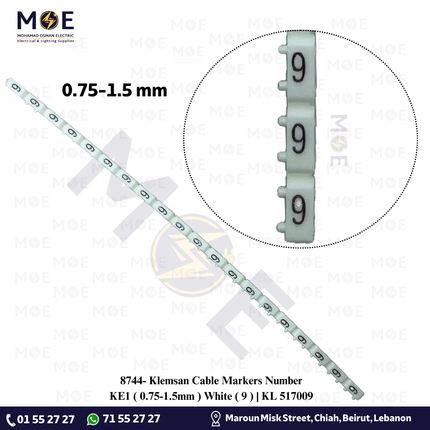 Klemsan Cable Markers Number KE1 ( 0.75-1.5mm ) White ( 9 ) | KL 517009 | حلقة ترقيم كابلات ابيض رقم