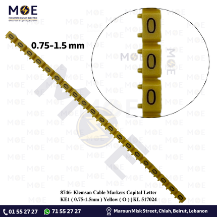 Klemsan Cable Markers Capital Letter KE1 ( 0.75-1.5mm ) Yellow ( O ) | KL 517024 | حلقة ترقيم كابلات اصفر حرف