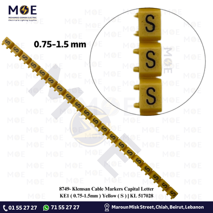 Klemsan Cable Markers Capital Letter KE1 ( 0.75-1.5mm ) Yellow ( S ) | KL 517028 | حلقة ترقيم كابلات اصفر حرف