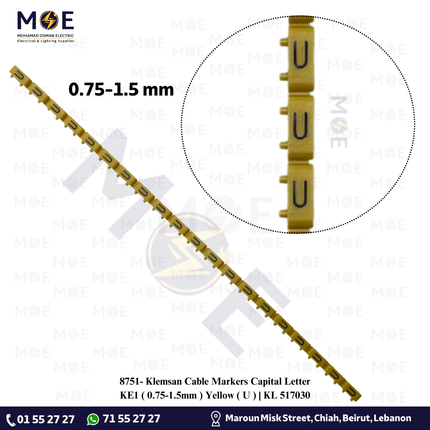 Klemsan Cable Markers Capital Letter KE1 ( 0.75-1.5mm ) Yellow ( U ) | KL 517030 | حلقة ترقيم كابلات اصفر حرف