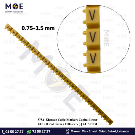 Klemsan Cable Markers Capital Letter KE1 ( 0.75-1.5mm ) Yellow ( V ) | KL 517031 | حلقة ترقيم كابلات اصفر حرف