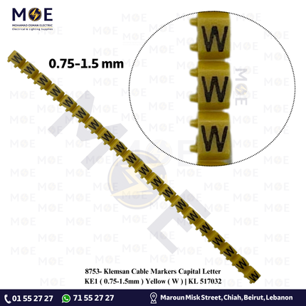Klemsan Cable Markers Capital Letter KE1 ( 0.75-1.5mm ) Yellow ( W ) | KL 517032 | حلقة ترقيم كابلات اصفر حرف