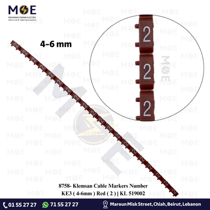 Klemsan Cable Markers Number KE3 ( 4-6mm ) Red ( 2 ) | KL 519002 | حلقة ترقيم كابلات احمر رقم