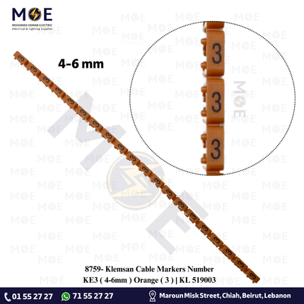 Klemsan Cable Markers Number KE3 ( 4-6mm ) Orange ( 3 ) | KL 519003 | حلقة ترقيم كابلات اورونج رقم