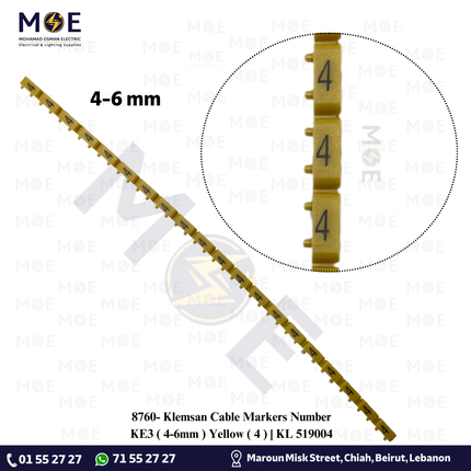 Klemsan Cable Markers Number KE3 ( 4-6mm ) Yellow ( 4 ) | KL 519004 | حلقة ترقيم كابلات اصفر رقم