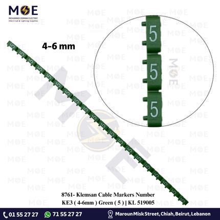 Klemsan Cable Markers Number KE3 ( 4-6mm ) Green ( 5 ) | KL 519005 | حلقة ترقيم كابلات اخضر رقم
