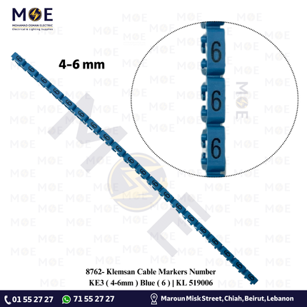 Klemsan Cable Markers Number KE3 ( 4-6mm ) Blue ( 6 ) | KL 519006 | حلقة ترقيم كابلات ازرق رقم