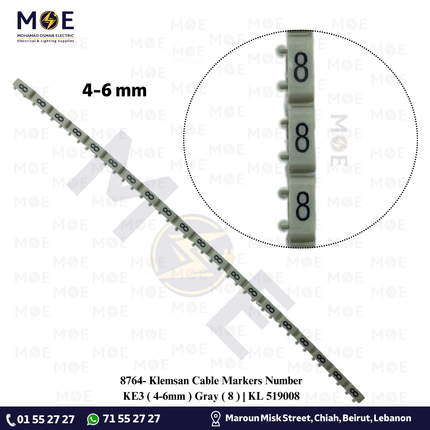 Klemsan Cable Markers Number KE3 ( 4-6mm ) Gray ( 8 ) | KL 519008 | حلقة ترقيم كابلات رمادي رقم