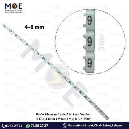 Klemsan Cable Markers Number KE3 ( 4-6mm ) White ( 9 ) | KL 519009 | حلقة ترقيم كابلات ابيض رقم
