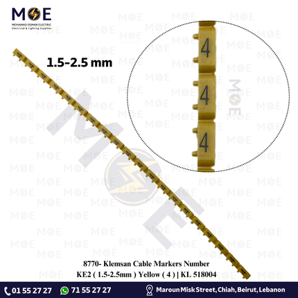 Klemsan Cable Markers Number KE2 ( 1.5-2.5mm ) Yellow ( 4 ) | KL 518004 | حلقة ترقيم كابلات اصفر رقم