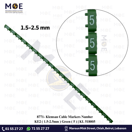Klemsan Cable Markers Number KE2 ( 1.5-2.5mm ) Green ( 5 ) | KL 518005 | حلقة ترقيم كابلات اخضر رقم