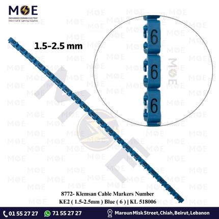 Klemsan Cable Markers Number KE2 ( 1.5-2.5mm ) Blue ( 6 ) | KL 518006 | حلقة ترقيم كابلات ازرق رقم